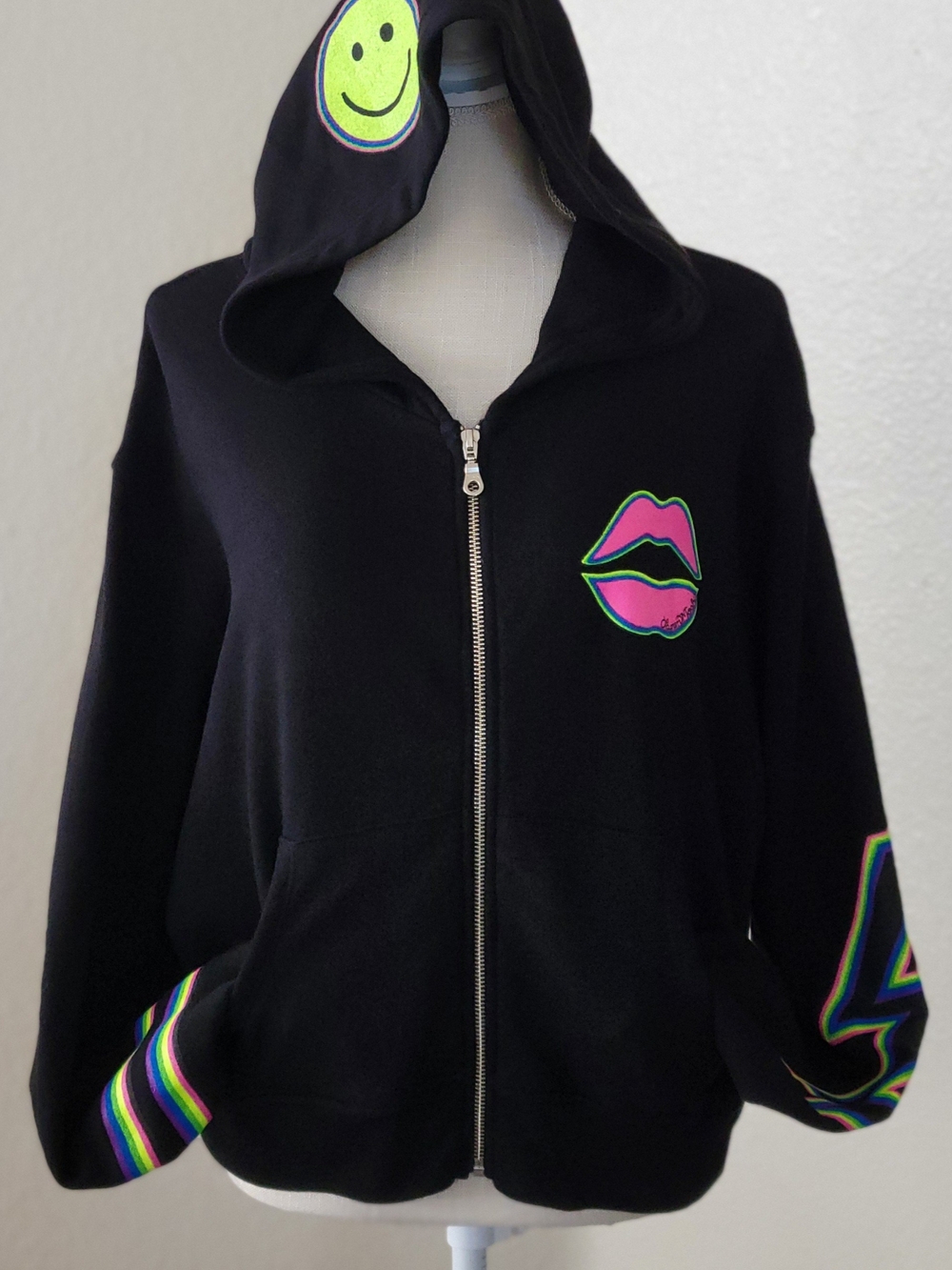 Lauren Moshi Black Cropped Zip Hoodie Neon Eye L